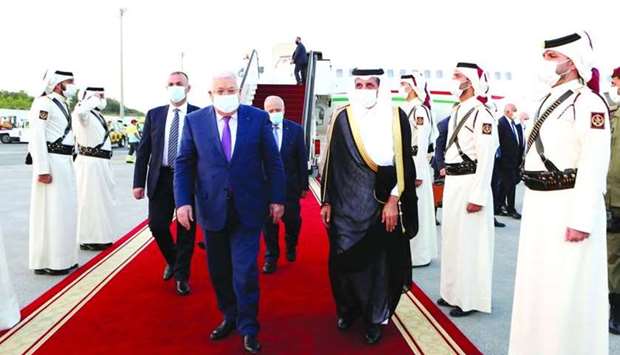 The Palestinian President Mahmoud Abbas arrived in Doha Monday to attend the opening of the 2021 FIFA Arab Cup. Abbas and the delegation accompanying him were welcomed upon arrival at Doha International Airport by HE the Minister of State Dr Hamad bin Abdulaziz al-Kuwari and Palestinian Ambassador Munir Ghannam.
