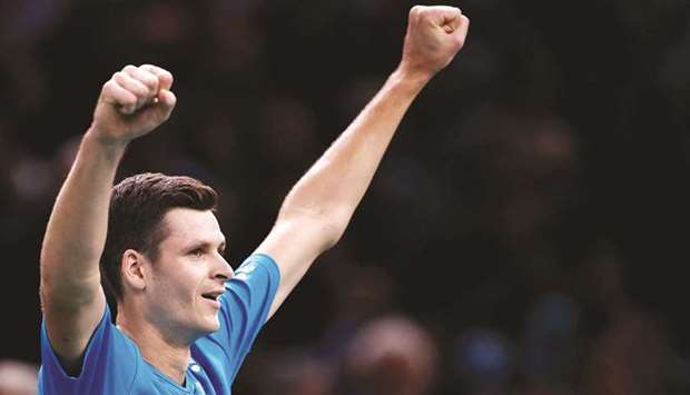 Polandu2019s Hubert Hurkacz celebrates winning his Paris Masters quarter-final against Australiau2019s James Duckworth yesterday. (Reuters)