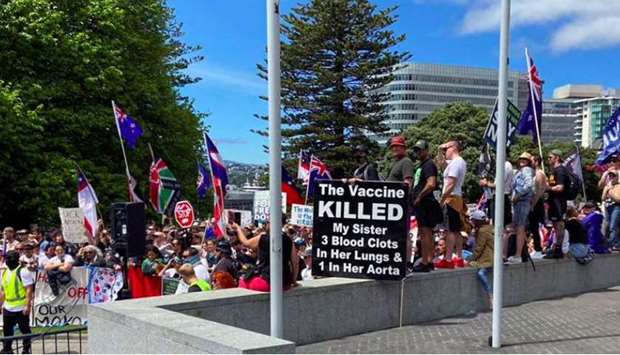Protesters rally against coronavirus disease (Covid-19) restrictions and vaccine mandates in Wellington, New Zealand.