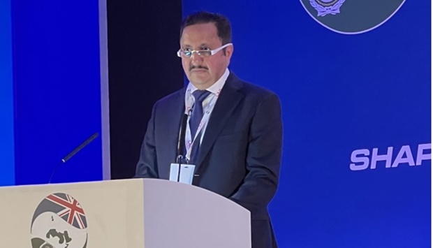 Qatar Chamber chairman Sheikh Khalifa bin Jassim al-Thani speaking at the Arab-British Economic Summit.