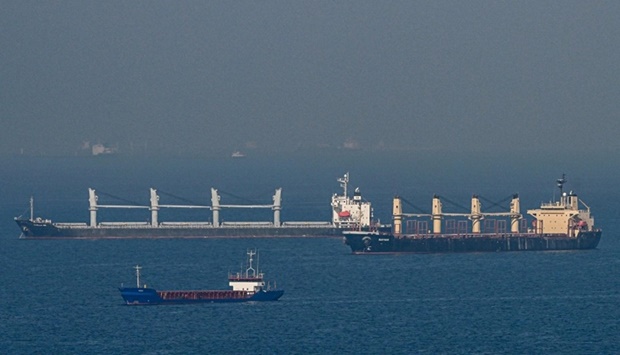 Cargo ships carrying Ukrainian grain sail at the entrance of Bosphorus, in the Black Sea (AFP)