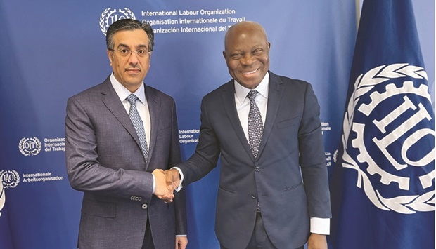 HE the Minister of Labour Dr Ali bin Smaikh al-Marri with the Director-General of the International Labour Organisation (ILO) Gilbert F Houngbo in Geneva.