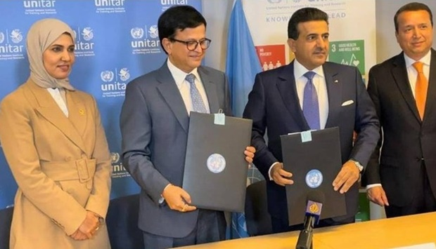 HE President of the Global Organization of Parliamentarians Against Corruption Dr. Ali Bin Fetais Al Marri signed the agreement with the UN Assistant Secretary-General and Executive Director of the United Nations Institute for Training and Research (UNITAR) in Geneva Nikhil Seth.