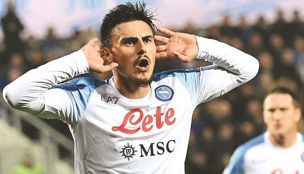 Napoliu2019s Eljif Elmas celebrates after scoring against  Atalanta during the Serie A match yesterday. (AFP)