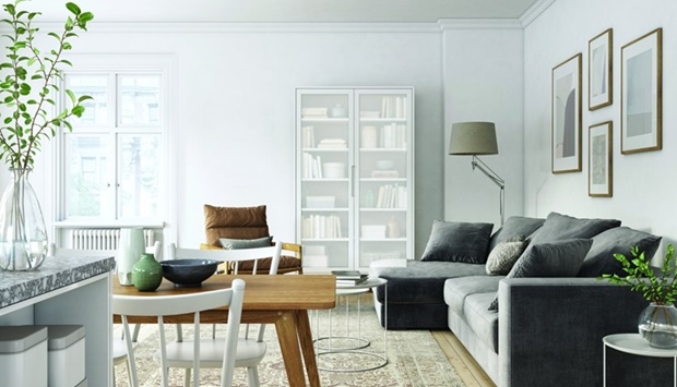 Scandinavian interior design living room 3d render with gray and brown colored furniture and wooden elements.