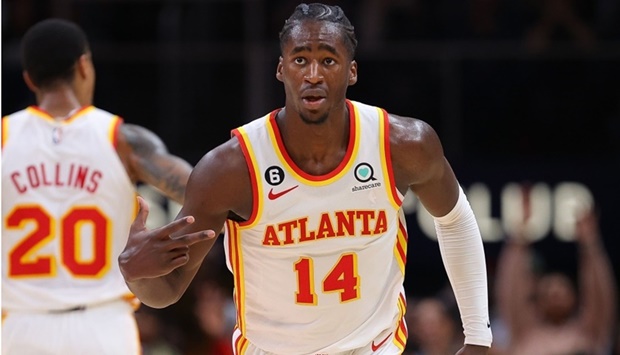 AJ Griffin of the Atlanta Hawks reacts after a three-point basket against the Milwaukee Bucks (AFP)