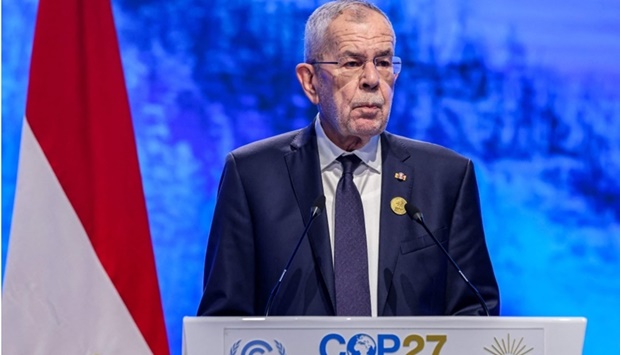 Austria's President Alexander Van der Bellen delivers a speech at the leaders summit of the COP27 climate conference (AFP)