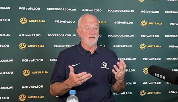 Australia coach Graham Arnold speaks at a press conference after announcing the squad for the FIFA World Cup Qatar in Sydney yesterday.