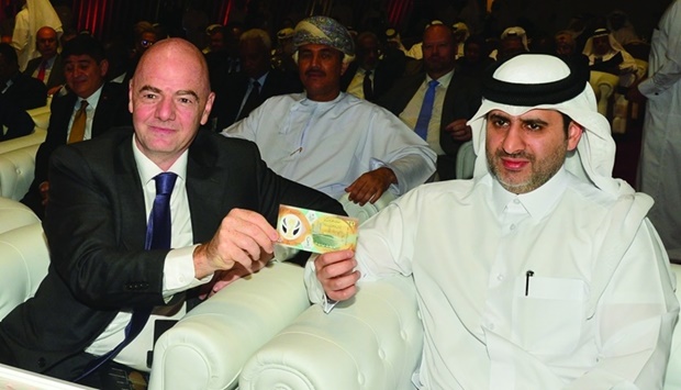 HE the Governor of Qatar Central Bank Sheikh Bandar bin Mohamed bin Saoud al-Thani with FIFA President Gianni Infantino during the unveiling ceremony. PICTURE: Shaji Kayamkulam