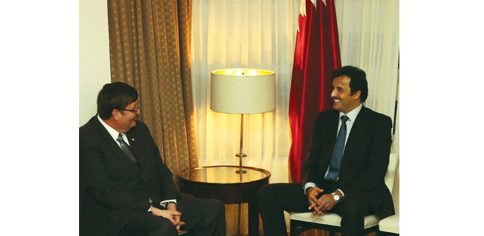 The Emir holding talks with the President of Texas A & M University Mark Hussey.