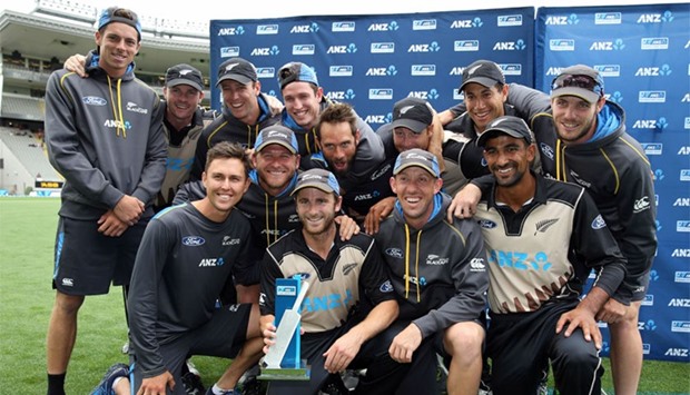 New Zealand celebrate winning the series after the second T20 cricket match between New Zealand and Sri Lanka at Eden Park in Auckland.  AFP