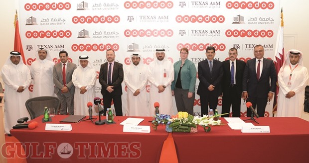 Ooredoo, QU and Tamuq officials at the agreement-signing ceremony for a three-year research project to support innovation and development in Qatar. PICTURE: Thajudheen