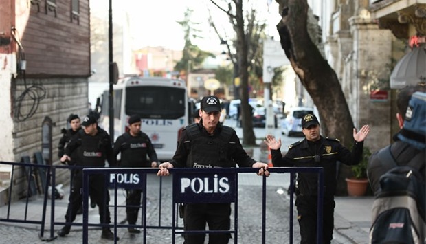 Turkish police cordon off the Blue Mosque area after a blast in Istanbul's tourist hub of Sultanahmet left 10 people dead.