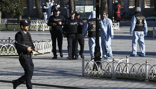 Police secure the area after an explosion near the Ottoman-era Sultanahmet mosque, known as the Blue
