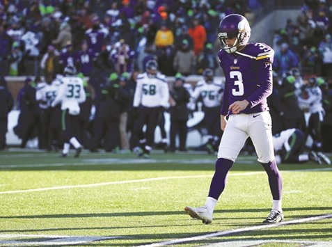 Minnesota Vikings kicker Blair Walsh reacts after missing a field goal attempt against the Seattle Seahawks in the fourth quarter of a NFC Wild Card playoff game at TCF Bank Stadium. PICTURE: USA TODAY