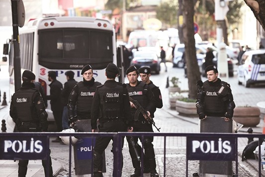 Turkish police cordon off the Blue Mosque area in Istanbulu2019s tourist hub of Sultanahmet yesterday.