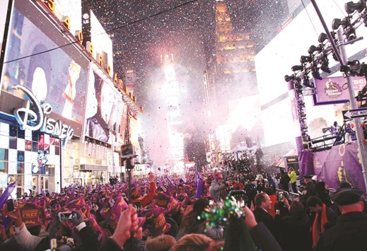 Revellers celebrate after the ball drop during New Yearu2019s Eve celebrations in Times Square.