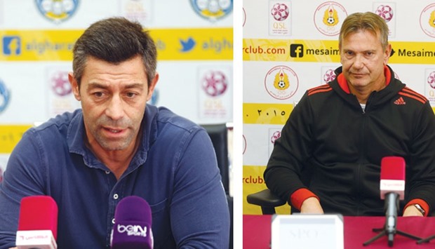 Al Gharafau2019s new coach Pedro Caixinha during the press conference. (Right) Mesaimeer coach Rodion Gacanin. PICTURES: Othman Iraqi