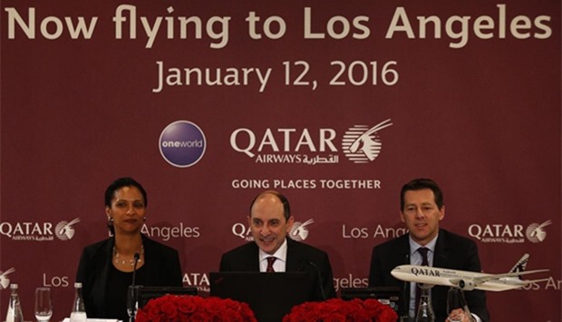 Al-Baker addressing a press conference at the Peninsula Beverly Hills on Tuesday. With him are Gunter Saurwein, Qatar Airways' vice president - Americas, and Deborah Flint, executive director of Los Angeles World Airports.