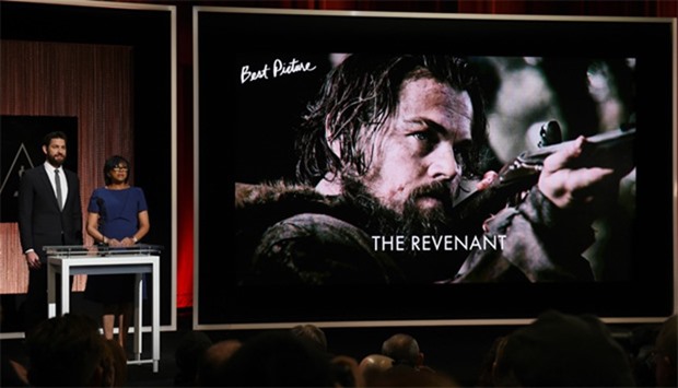 A screen showing the film 'The Revenant' which is an Oscar nominee for Best Picture, is announced by