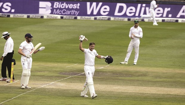 Englandu2019s Joe Root celebrates his century during the third Test match against South Africa in Johannesburg yesterday.
