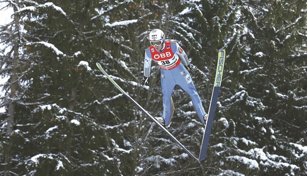 Kenneth Gangnes of Norway competes during the first round of the Ski Flying World Championships at Kulm hill in Bad Mitterndorf, Austria, yesterday. (Reuters)