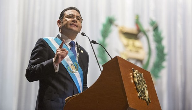 Guatemalan new President Jimmy Morales delivers a speech during his inauguration  ceremony in Guatemala City, yesterday. AFP