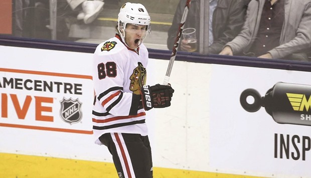 Chicago Blackhawks right wing Patrick Kane (88) celebrates his second goal of the game against the Toronto Maple Leafs at Air Canada Centre on Friday. The Blackhawks beat the Maple Leafs 4-1. Picture: Tom Szczerbowski-USA TODAY Sports