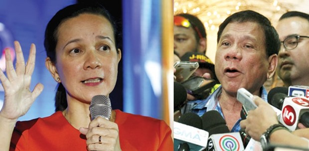Grace Poe (left) and Rodrigo Duterte are facing hurdles to their presidential bids by the disqualification cases.
