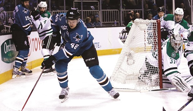 The San Jose Sharksu2019 Tomas Hertl brings the puck around the net against the Dallas Stars in the first period at SAP Arena in San Jose, California. PICTURE: Bay Area News Group/TNS