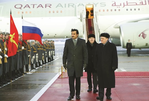 HH the Emir being accorded an official welcoming ceremony upon his arrival at the Vnukovo International Airport yesterday.