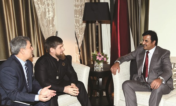 HH the Emir Sheikh Tamim bin Hamad al-Thani yesterday holding talks with President of Chechen Republic Ramzan Kadyrov in Moscow yesterday.