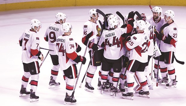 The Ottawa Senators celebrate after their shootout win against the San Jose Sharks at SAP Center at San Jose. Ottawa won 4-3 in a shootout. PICTURE: USA TODAY Sports