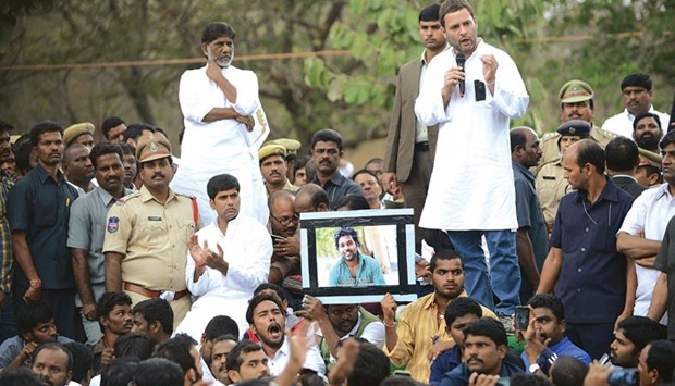 Congress Party vice president Rahul Gandhi speaks to students protesting against the death of Rohit Vemula, in Hyderabad yesterday.