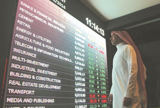 An investor monitors a screen displaying stock information at the Saudi Stock Exchange (Tadawul) in Riyadh on Monday. Riyadhu2019s index yesterday sank 5.0% to 5,460 points, the lowest close since March 2011. It has lost 21% so far this year.