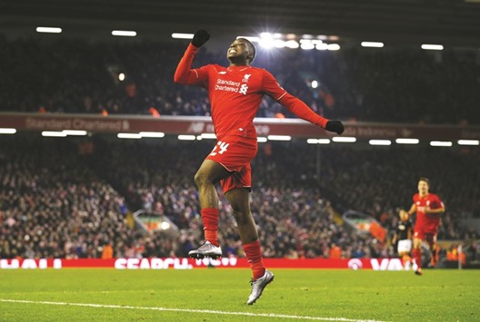Liverpoolu2019s Sheyi Ojo celebrates scoring their second goal during the FA Cup Third Round Replay between Liverpool and Exeter City at Anfield.