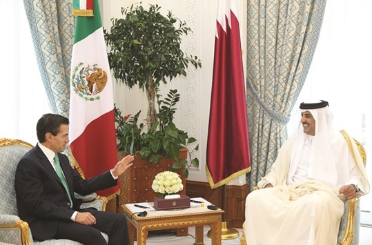 HH the Emir Sheikh Tamim bin Hamad al-Thani held official talks with Mexican President Enrique Pena Nieto at the Emiri Diwan yesterday.