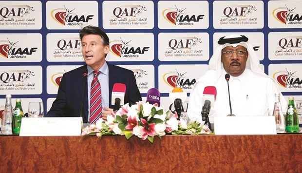 IAAF president Sebastian Coe (left) and Qatar Athletic Federation president Dahlan al-Hamad at a press conference yesterday. PICTURE: Jayaram
