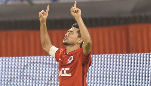 Al Rayyanu2019s Rodrigo Tabata celebrates after scoring against Al Kharaitiyat in the Qatar Stars League yesterday.