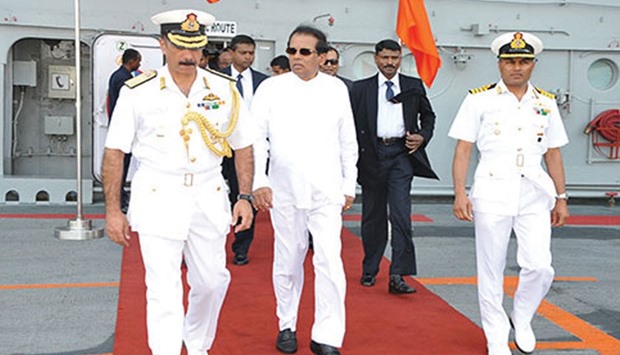 President Maithripala Sirisena being received and conducted on the flight deck of INS Vikramaditya yesterday.