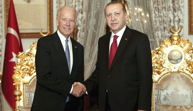 Erdogan and Biden shaking hands after their meeting in Istanbul yesterday.