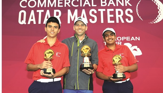 Top pro Sergio Garcia (C) likes to team up with youngsters in the Commercial Bank Qatar Masters Challenge Match.