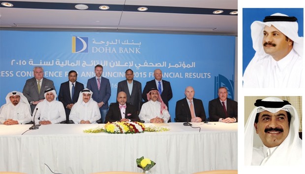 Dr Seetharaman and other senior Doha Bank executives at a press conference held last night to announce the lenderu2019s financial results for 2015. Right: Sheikh Fahad and Sheikh Abdul Rehman: Impressive results.