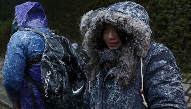 Hikers are covered with ice under sub-zero temperatures at Tai Mo Shan, the highest mountain in Hong Kong, China January 24, 2016. REUTERS
