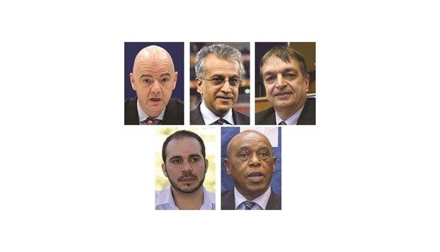 This combination of photos shows FIFA presedential canditates (from top left) UEFA secretary general Gianni Infantino, AFC president Sheikh Salman bin Ebrahim al-Khalifah, Former FIFA deputy general secretary Jerome Champagne, FIFA vice president for Asia Prince Ali bin al-Hussein of Jordan and chairman of the FIFA monitoring committee for Israel and Palestine Tokyo Sexwale. (AFP)
