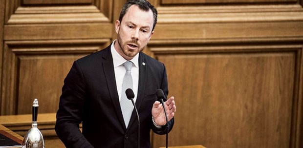Jakob Ellemann-Jensen from the Danish Liberal Party speaks during the debate in the Danish Parliament in Copenhagen yesterday.