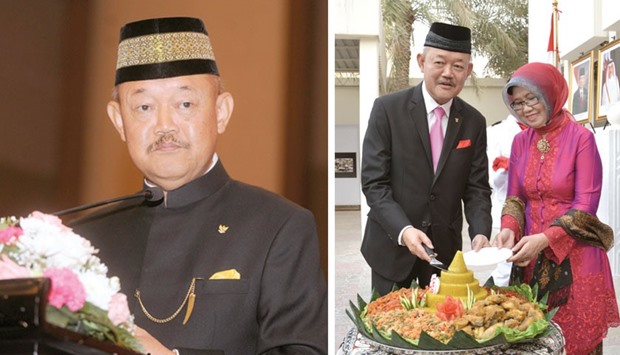 HAPPY STAY: Ambassador Hadi and his wife Endang Deddy Saiful Hadi cutting the rice cake to initiate Independence Day celebrations. Right: FOND MEMORIES: Ambassador Deddy Saiful Hadi addressing the audience during a ceremony to mark the Independence Day of his country.