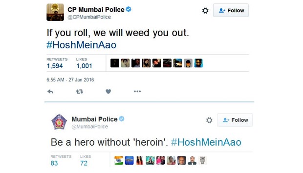 The term ,Mumbai Police, was trending on the social media site in India on Wednesday after the commissioner's official account posted its latest warning, to mark anti-drugs awareness week.