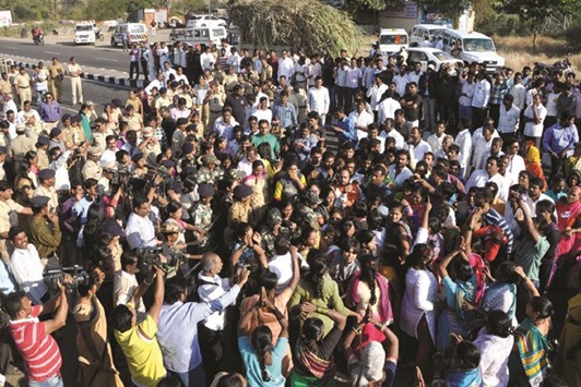 Police stop women activists on their way to Shani Shingnapur temple in Ahmednagar.