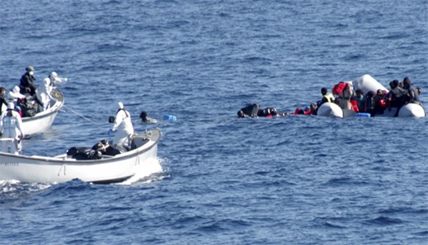 Migrants are rescued by the Navy in the Mediterranean Sea